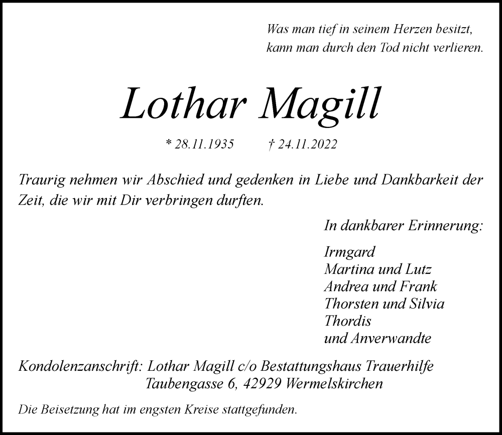  Traueranzeige für Lothar Magill vom 10.12.2022 aus Rheinische Post