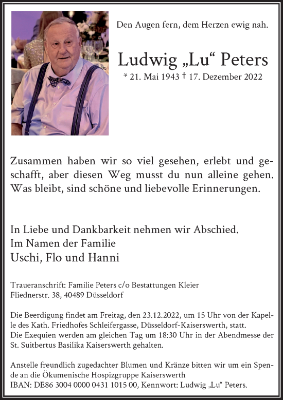Traueranzeige von Ludwig Peters von Rheinische Post