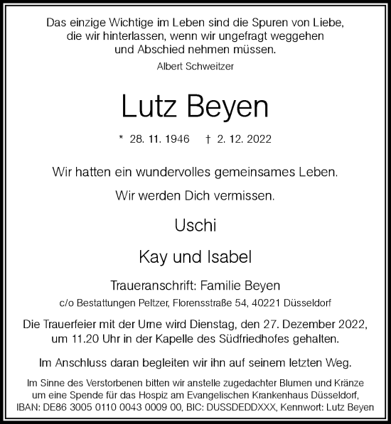 Traueranzeige von Lutz Beyen von Rheinische Post
