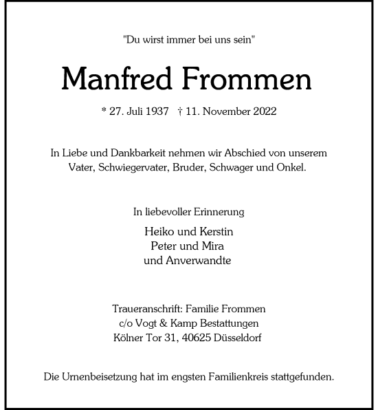 Traueranzeige von Manfred Frommen von Rheinische Post