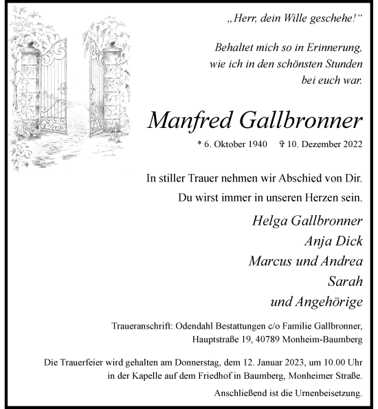 Traueranzeige von Manfred Gallbronner von Rheinische Post