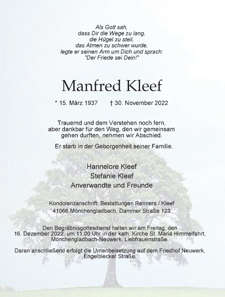  Traueranzeige für Manfred Kleef vom 10.12.2022 aus Rheinische Post