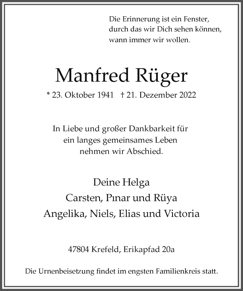  Traueranzeige für Manfred Rüger vom 07.01.2023 aus Rheinische Post