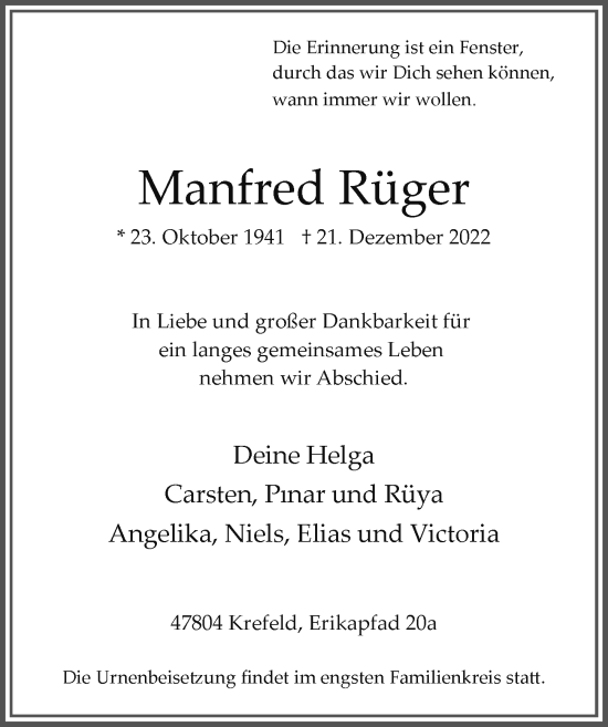 Traueranzeige von Manfred Rüger von Rheinische Post