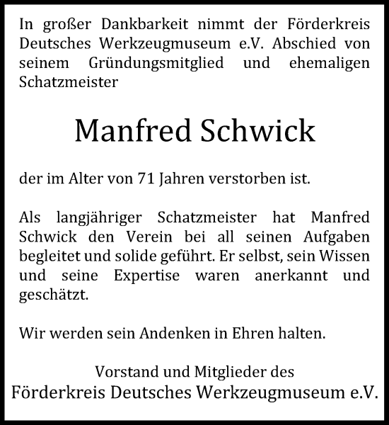 Traueranzeige von Manfred Schwick von Rheinische Post