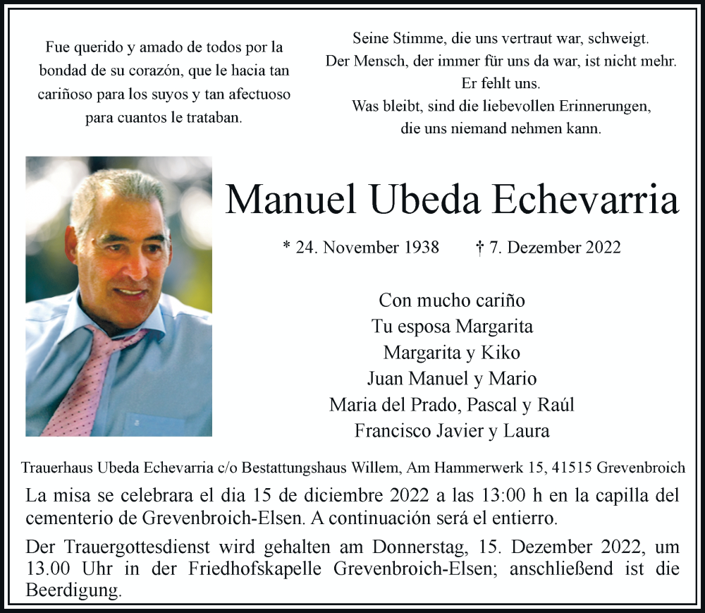  Traueranzeige für Manuel Ubeda Echevarria vom 13.12.2022 aus Rheinische Post