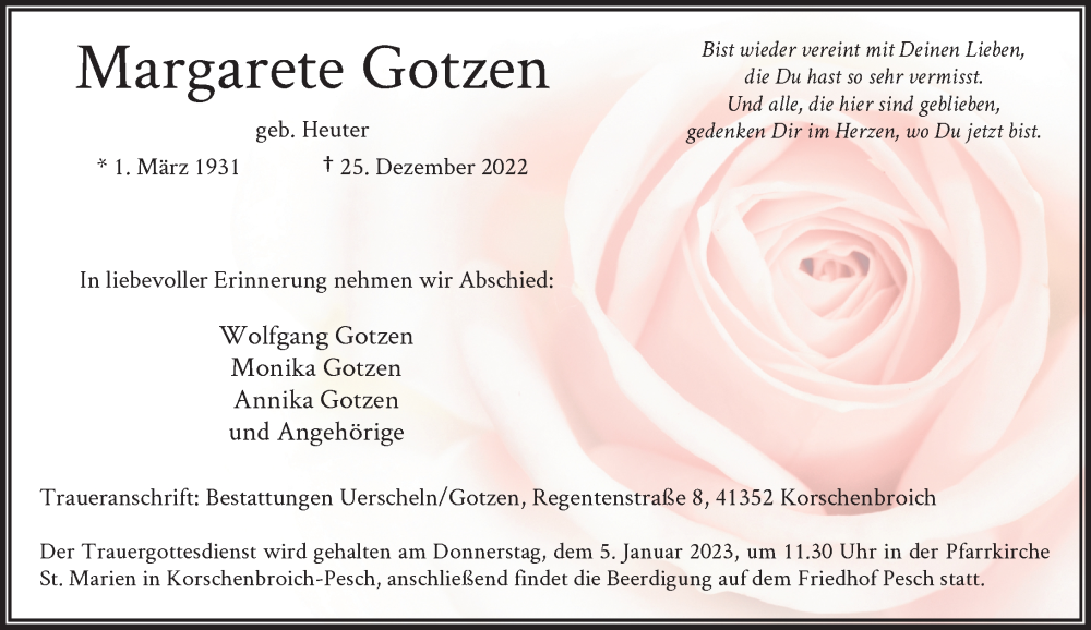  Traueranzeige für Margarete Gotzen vom 31.12.2022 aus Rheinische Post
