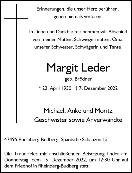 Traueranzeige von Margit Leder von Rheinische Post