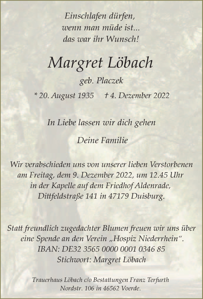  Traueranzeige für Margret Löbach vom 07.12.2022 aus Rheinische Post
