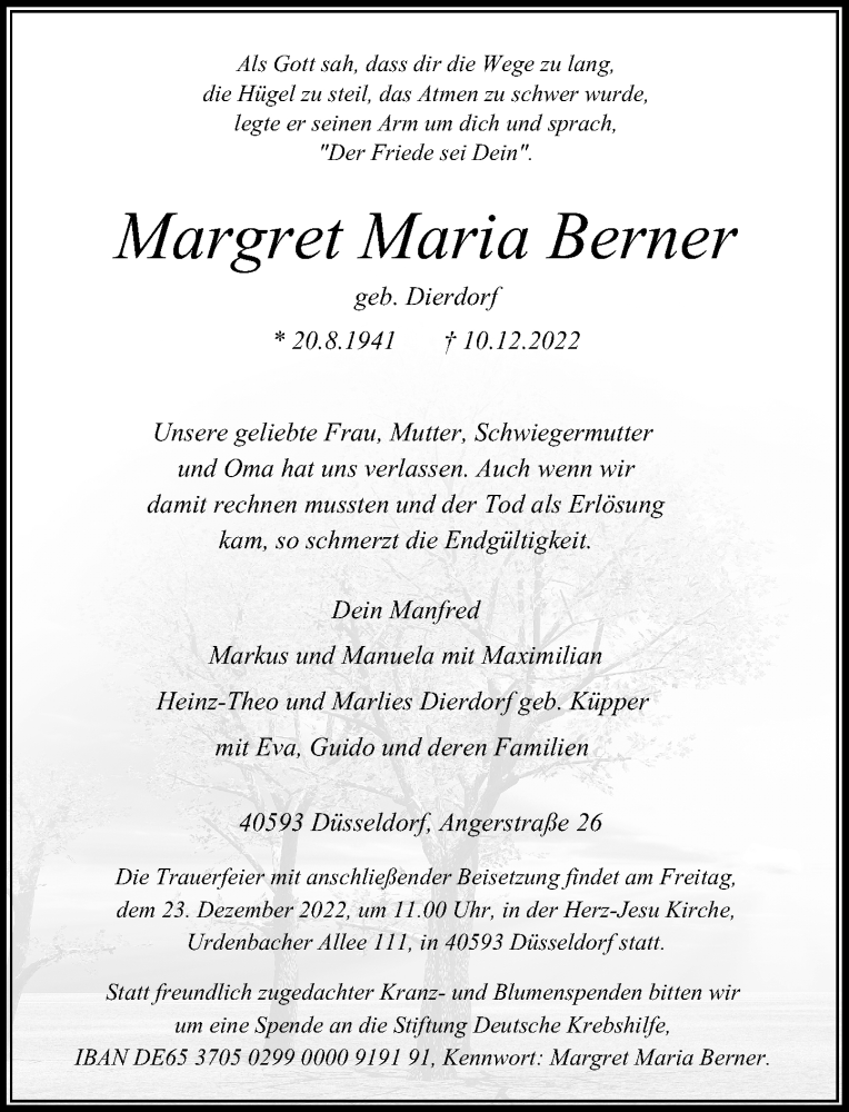  Traueranzeige für Margret Maria Berner vom 17.12.2022 aus Rheinische Post