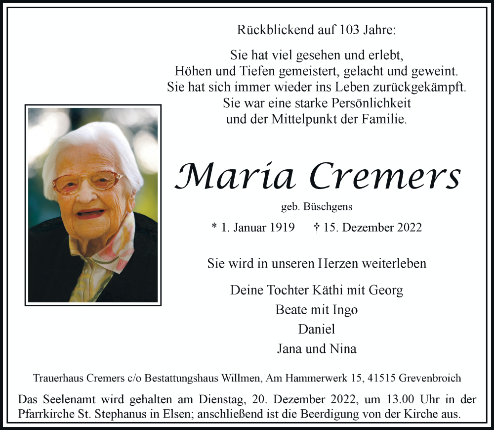  Traueranzeige für Maria Cremers vom 17.12.2022 aus Rheinische Post