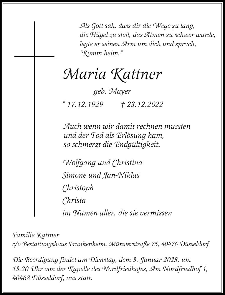  Traueranzeige für Maria Kattner vom 31.12.2022 aus Rheinische Post