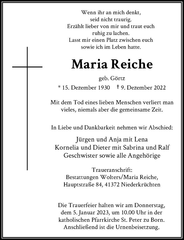  Traueranzeige für Maria Reiche vom 31.12.2022 aus Rheinische Post