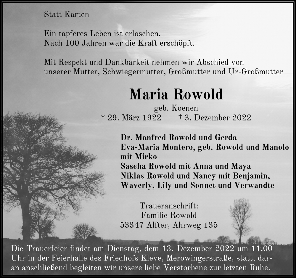  Traueranzeige für Maria Rowold vom 08.12.2022 aus Rheinische Post