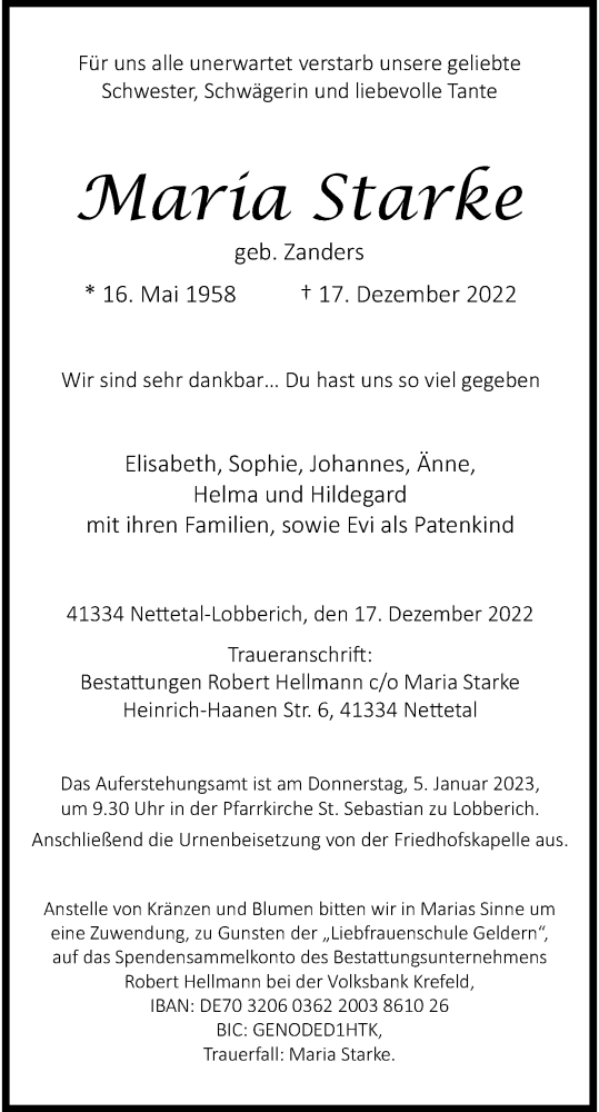  Traueranzeige für Maria Starke vom 24.12.2022 aus Rheinische Post