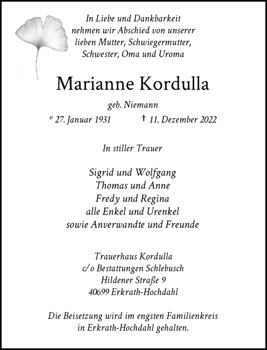 Traueranzeige von Marianne Kordulla von Rheinische Post