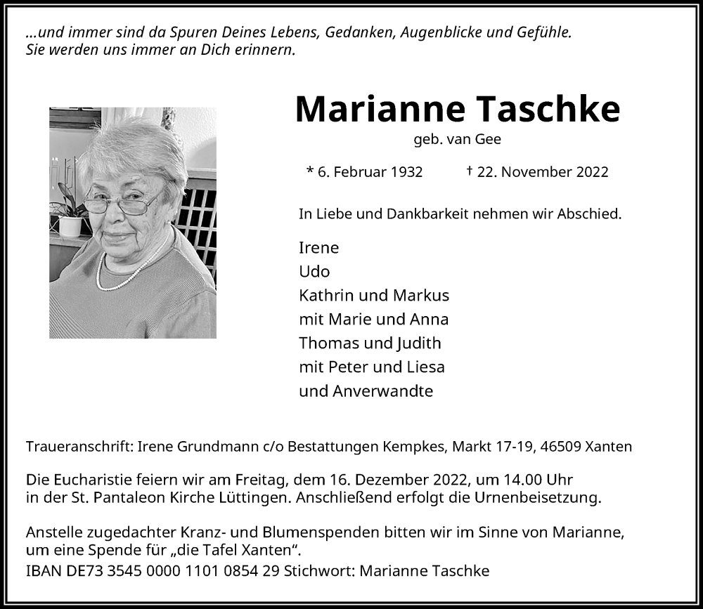  Traueranzeige für Marianne Taschke vom 10.12.2022 aus Rheinische Post