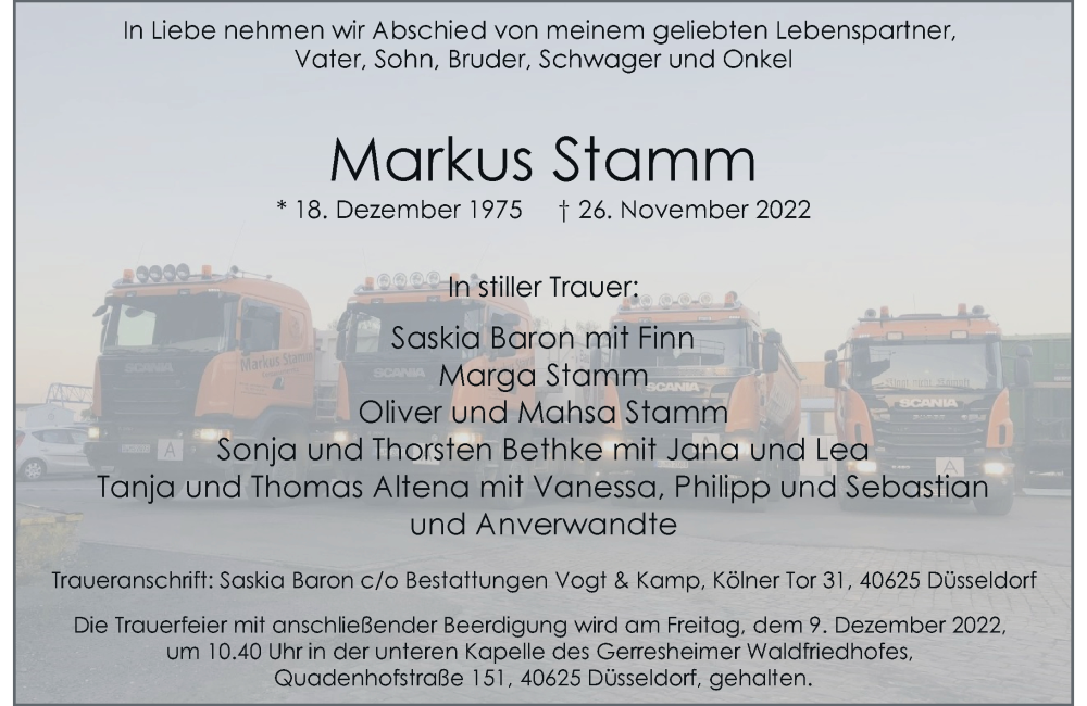  Traueranzeige für Markus Stamm vom 03.12.2022 aus Rheinische Post