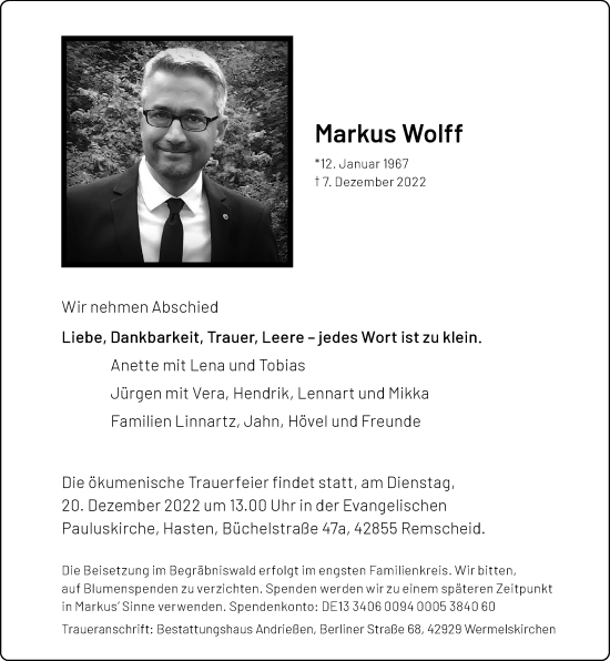 Traueranzeige von Markus Wolff von Rheinische Post