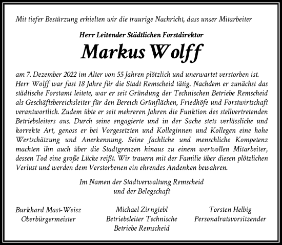 Traueranzeige von Markus Wolff von Rheinische Post