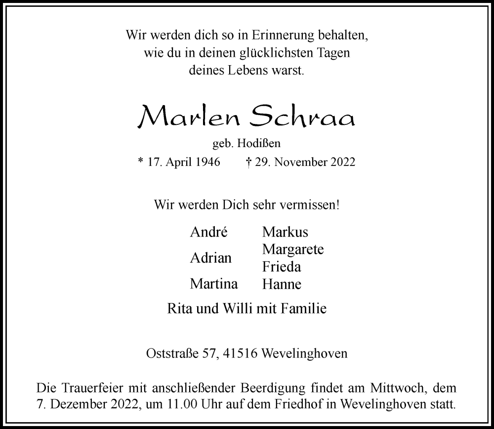  Traueranzeige für Marlen Schraa vom 03.12.2022 aus Rheinische Post