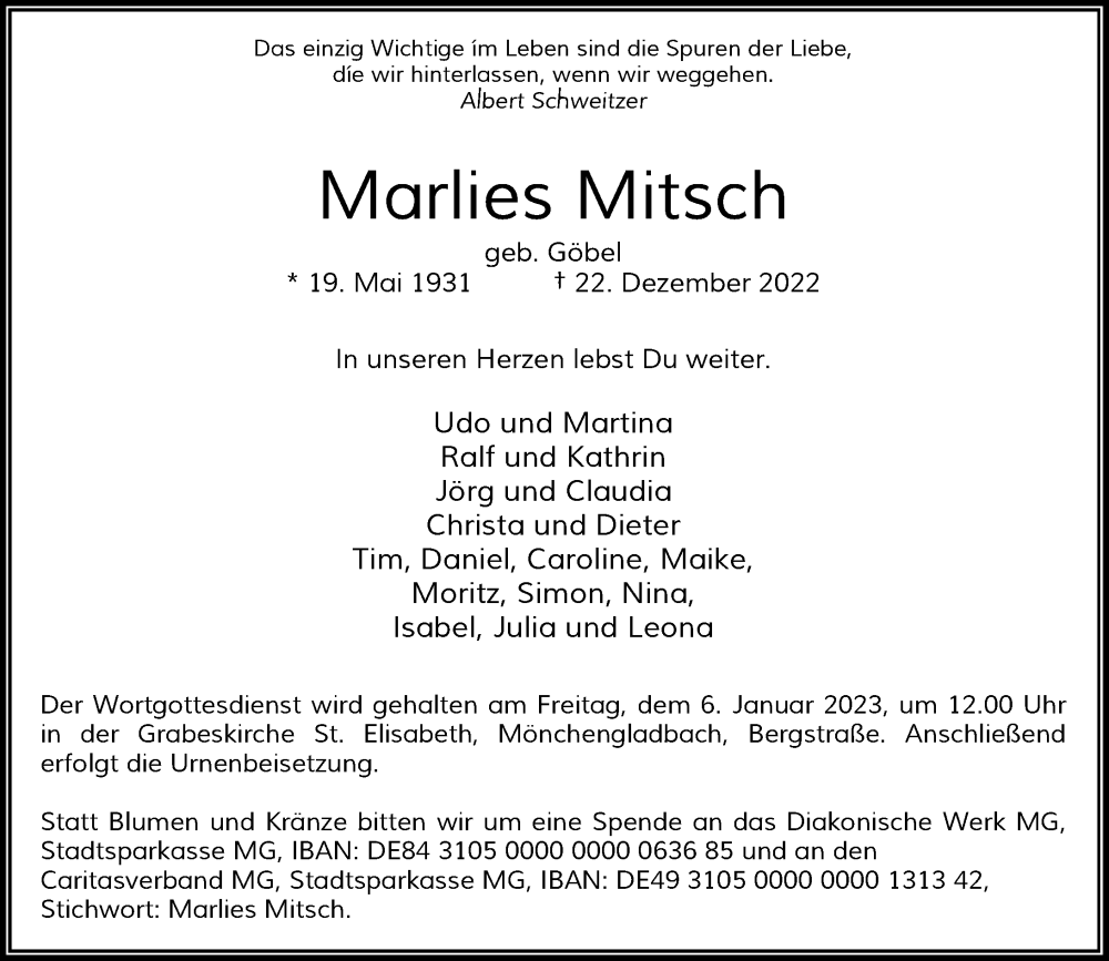  Traueranzeige für Marlies Mitsch vom 31.12.2022 aus Rheinische Post