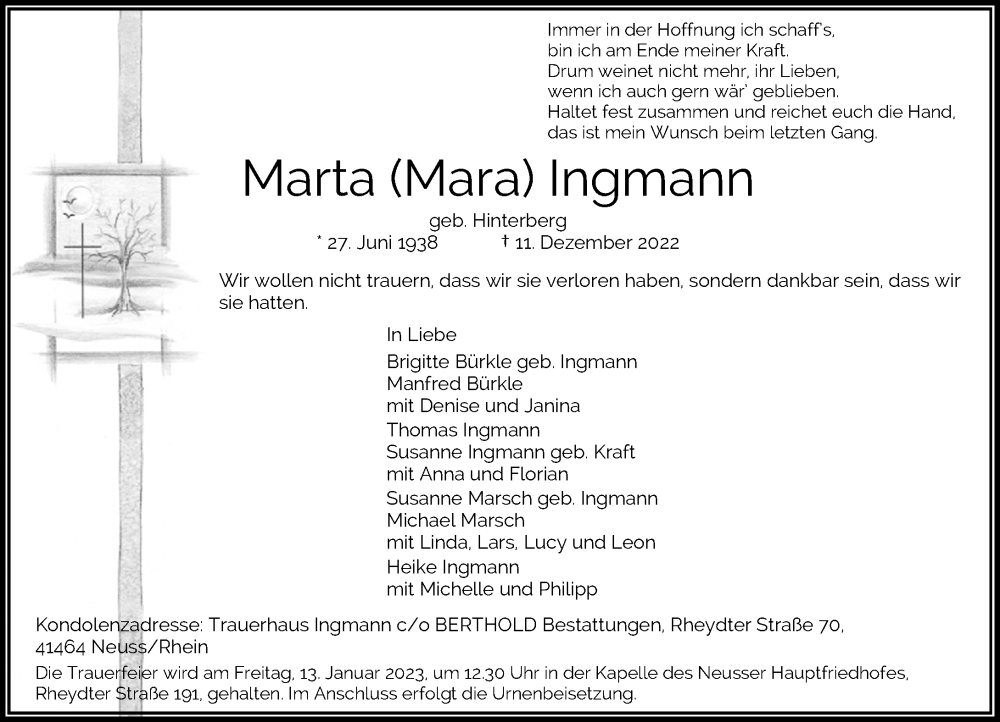  Traueranzeige für Marta Ingmann vom 07.01.2023 aus Rheinische Post