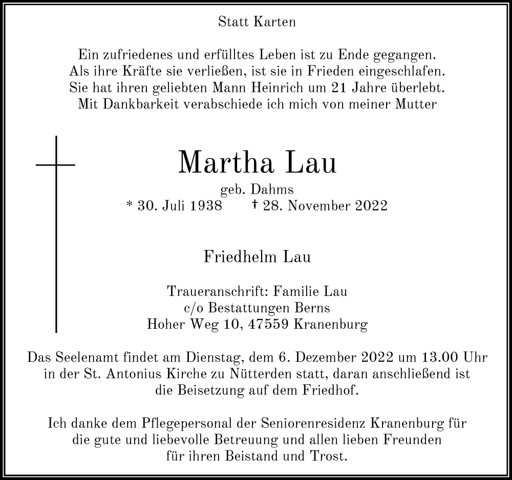  Traueranzeige für Martha Lau vom 03.12.2022 aus Rheinische Post