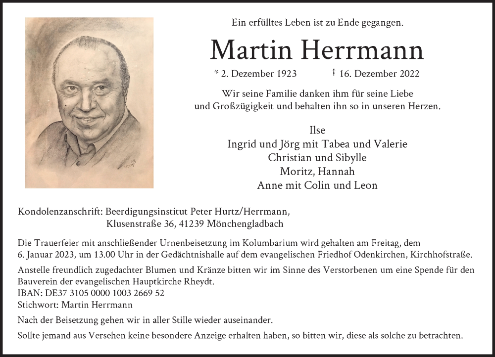  Traueranzeige für Martin Herrmann vom 31.12.2022 aus Rheinische Post