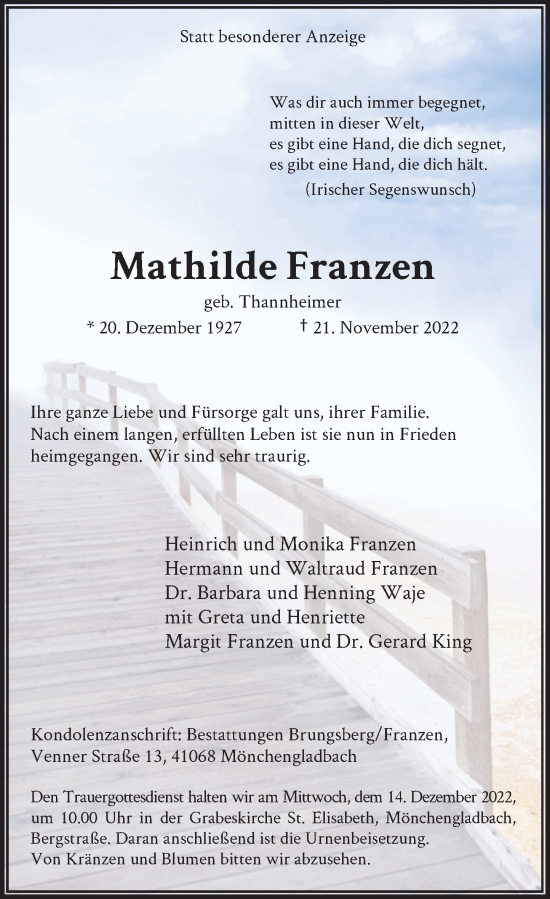 Traueranzeige von Mathilde Franzen von Rheinische Post