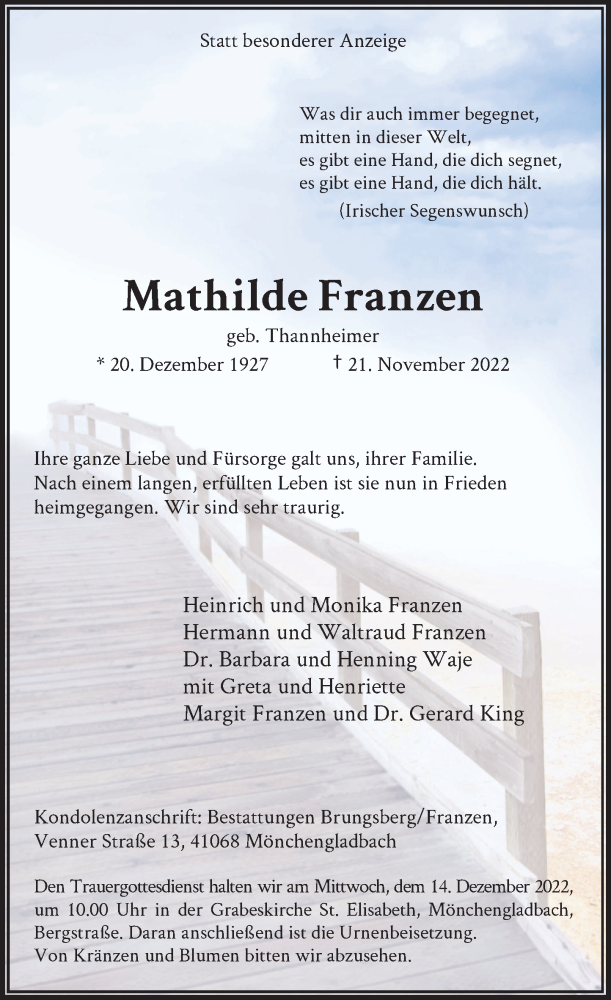  Traueranzeige für Mathilde Franzen vom 03.12.2022 aus Rheinische Post