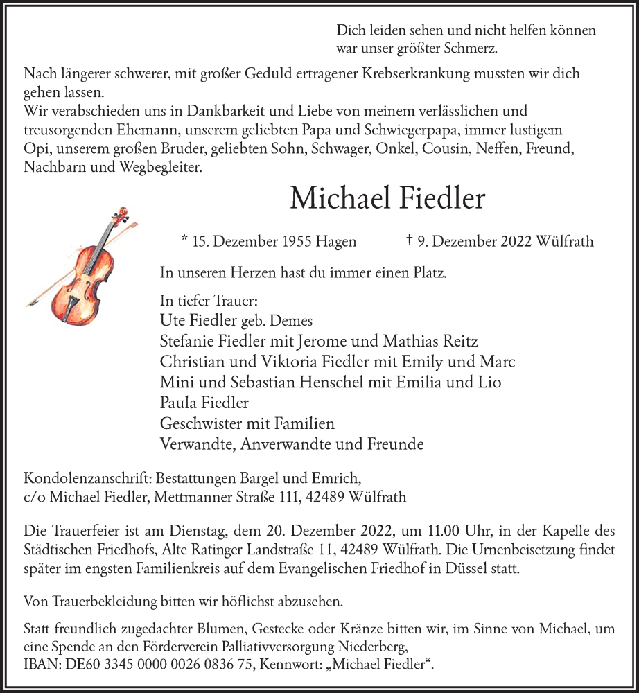  Traueranzeige für Michael Fiedler vom 15.12.2022 aus Rheinische Post