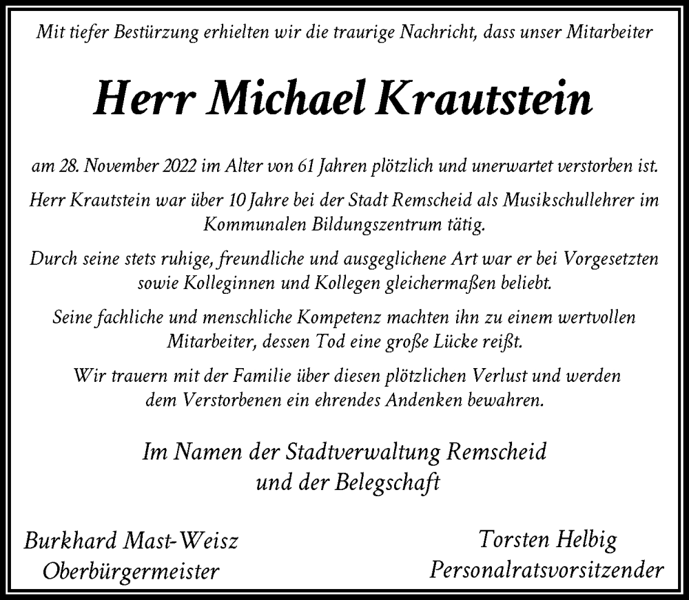  Traueranzeige für Michael Krautstein vom 03.12.2022 aus Rheinische Post