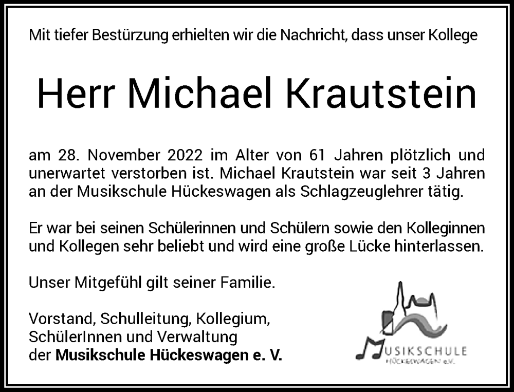  Traueranzeige für Michael Krautstein vom 10.12.2022 aus Rheinische Post