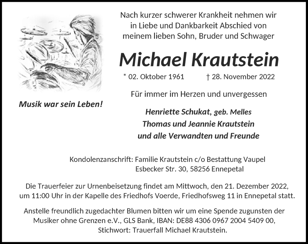  Traueranzeige für Michael Krautstein vom 17.12.2022 aus Rheinische Post