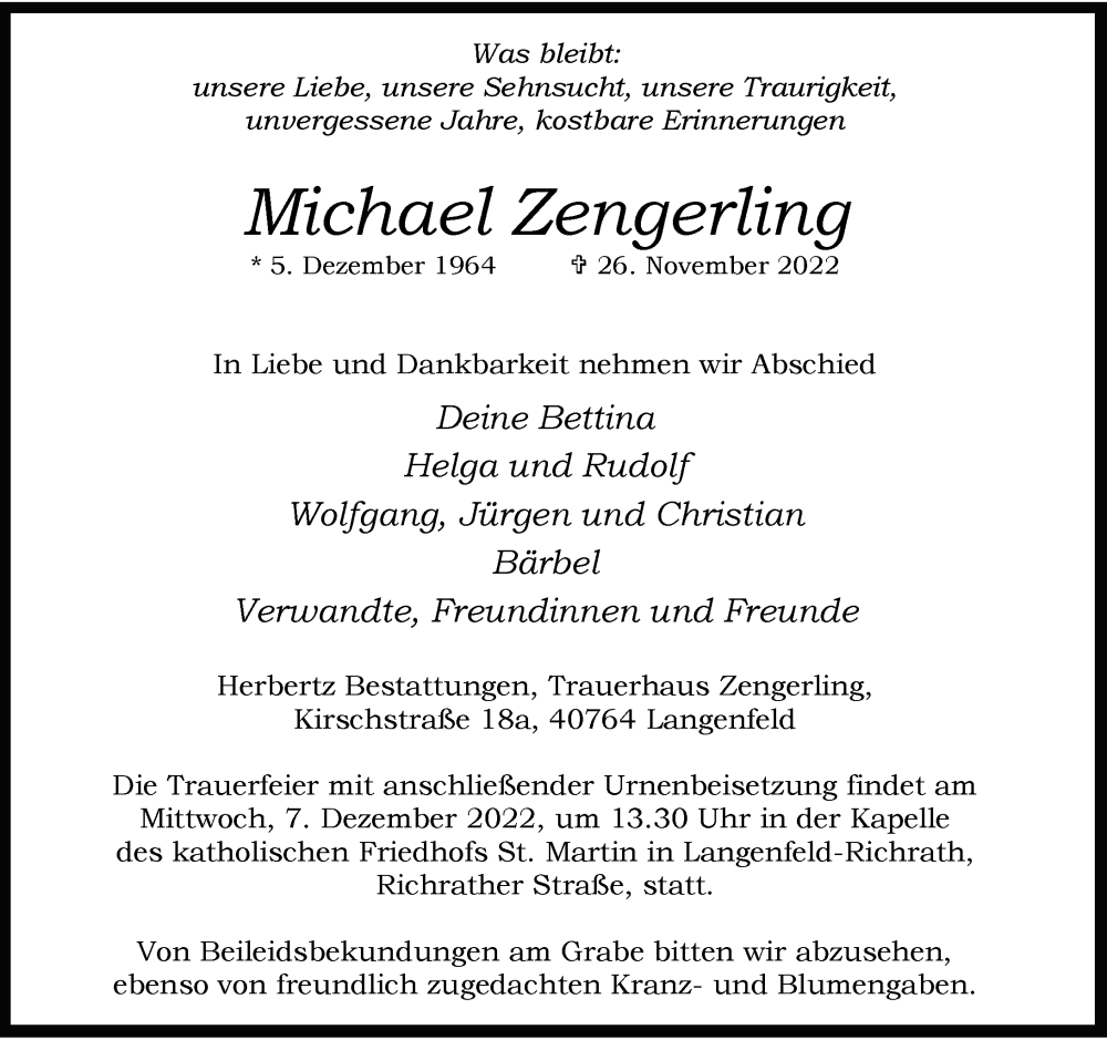  Traueranzeige für Michael Zengerling vom 03.12.2022 aus Rheinische Post