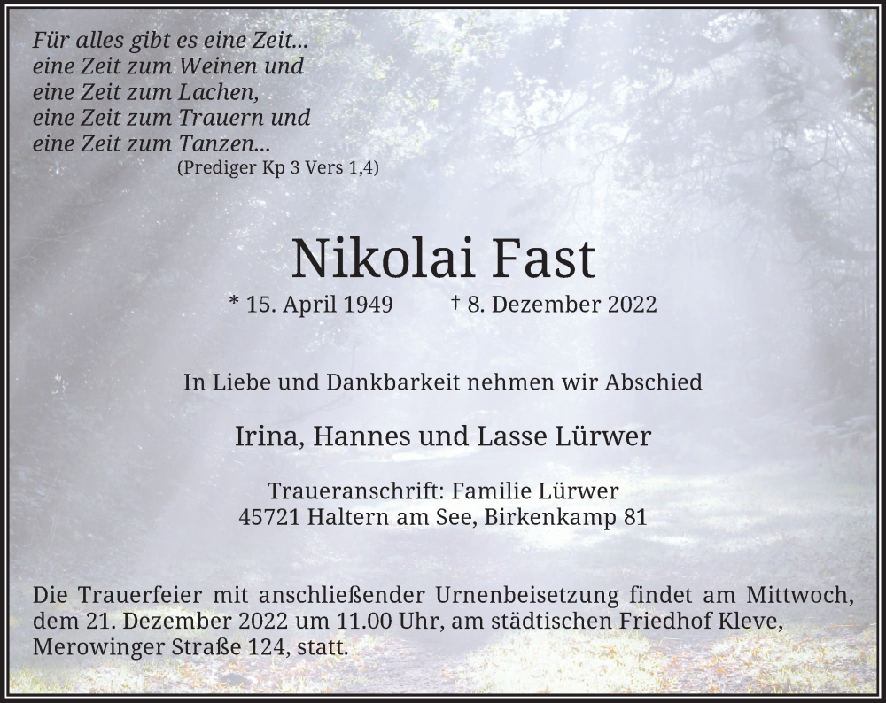  Traueranzeige für Nikolai Fast vom 16.12.2022 aus Rheinische Post