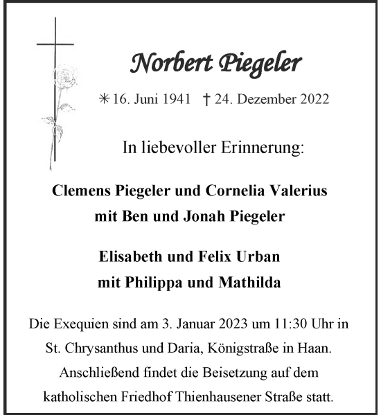 Traueranzeige von Norbert Piegeler von Rheinische Post