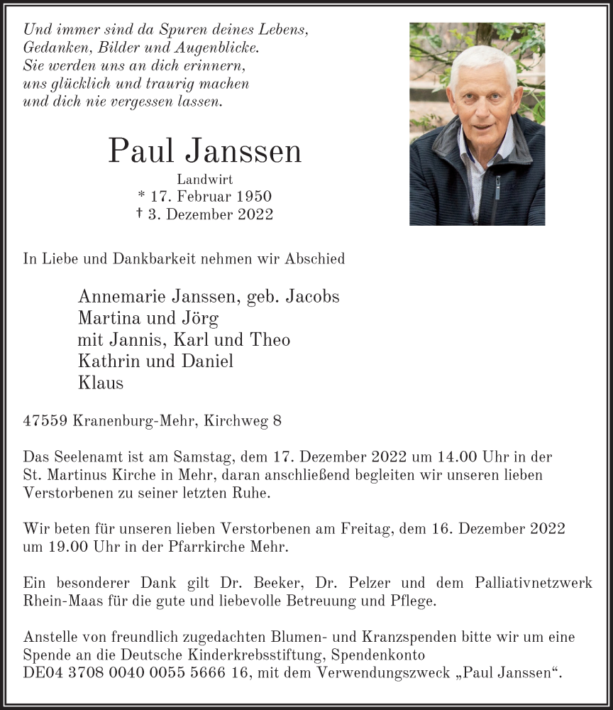  Traueranzeige für Paul Janssen vom 10.12.2022 aus Rheinische Post
