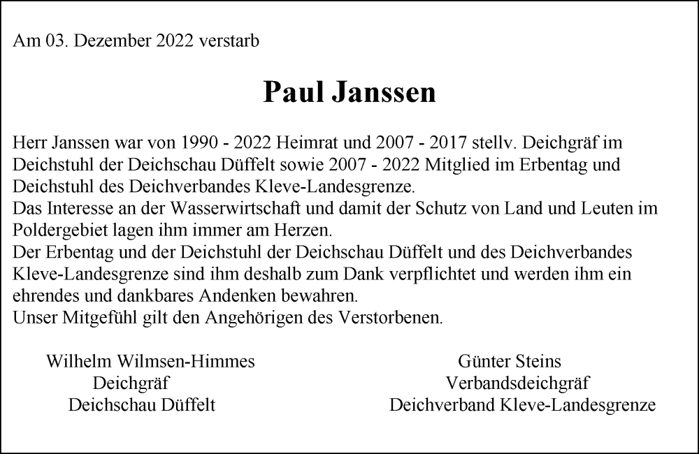  Traueranzeige für Paul Janssen vom 14.12.2022 aus Rheinische Post