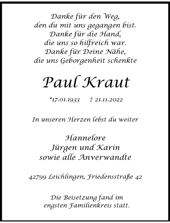 Traueranzeige von Paul Kraut von Rheinische Post