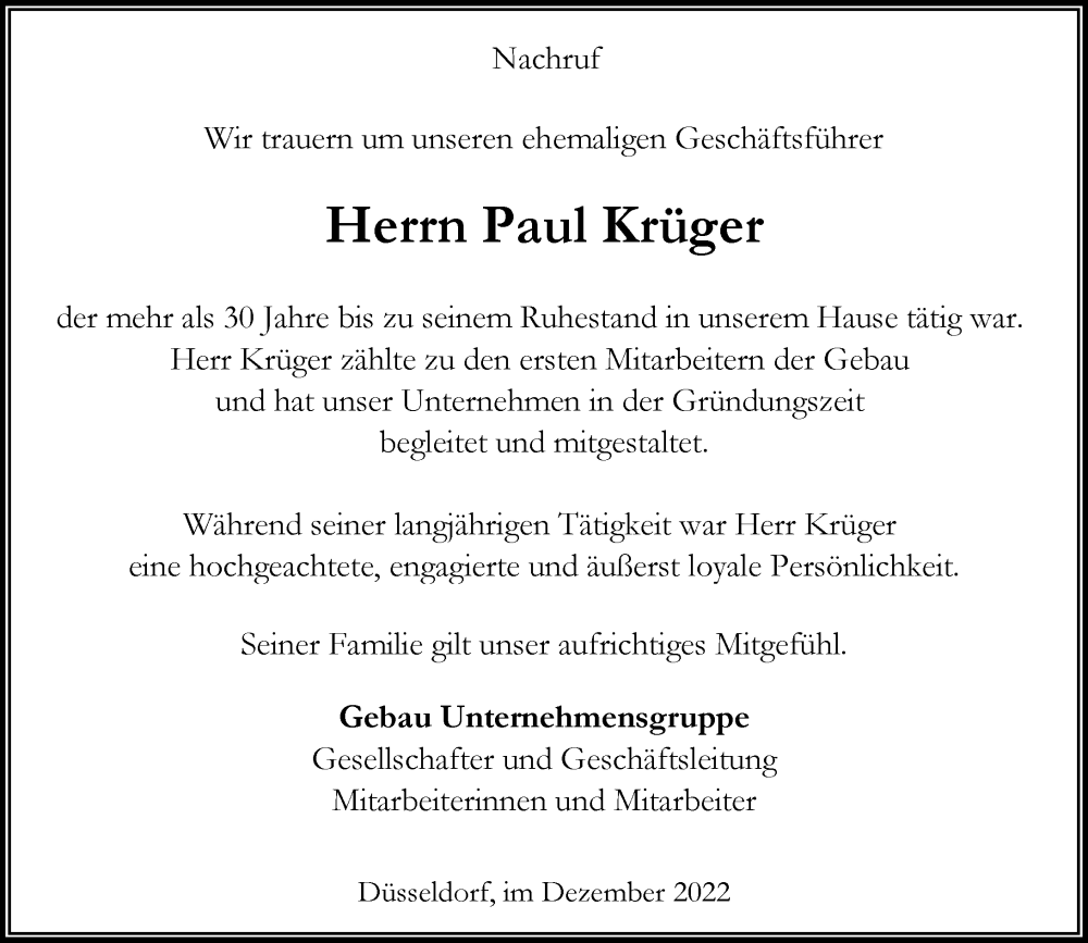  Traueranzeige für Paul Krüger vom 17.12.2022 aus Rheinische Post