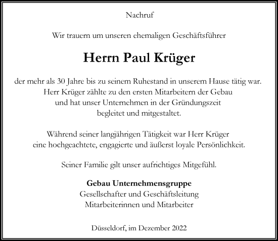Traueranzeige von Paul Krüger von Rheinische Post