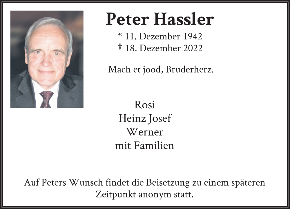  Traueranzeige für Peter Hassler vom 24.12.2022 aus Rheinische Post