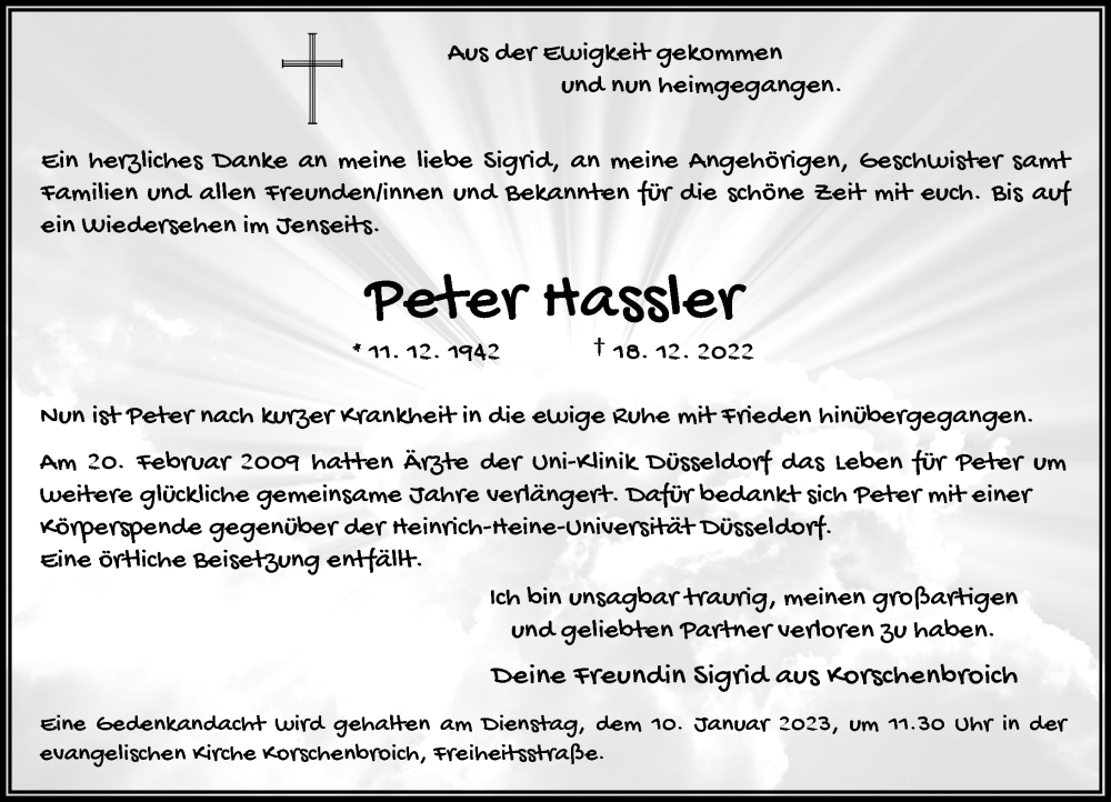  Traueranzeige für Peter Hassler vom 31.12.2022 aus Rheinische Post