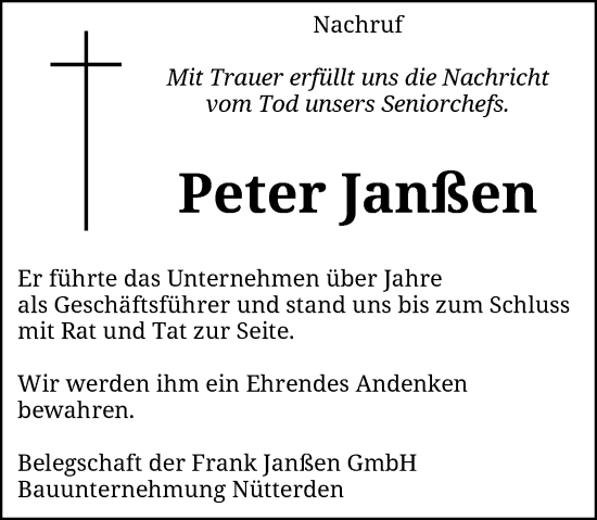 Traueranzeige von Peter Janßen von Rheinische Post