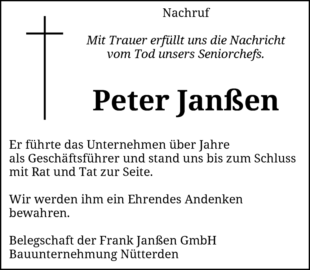  Traueranzeige für Peter Janßen vom 20.12.2022 aus Rheinische Post