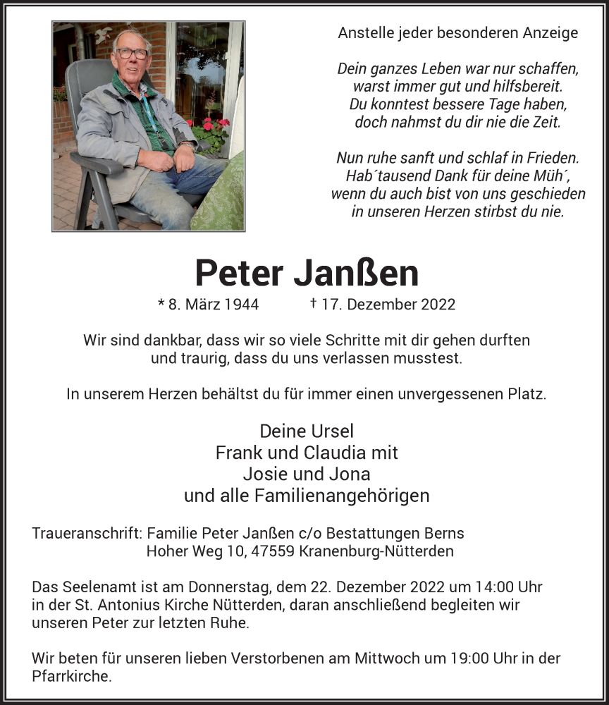  Traueranzeige für Peter Janßen vom 19.12.2022 aus Rheinische Post