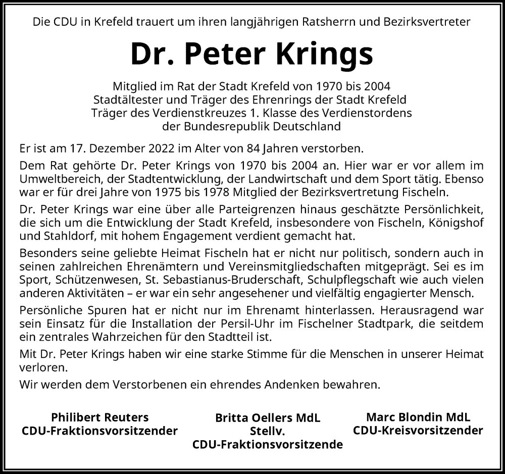  Traueranzeige für Peter Krings vom 24.12.2022 aus Rheinische Post