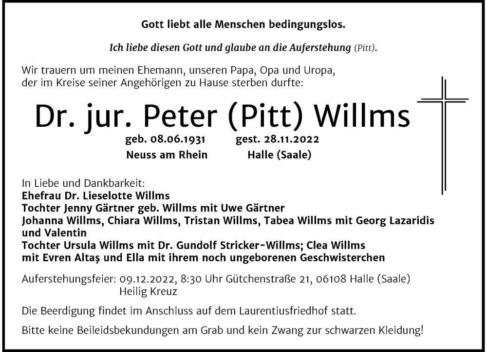  Traueranzeige für Peter Willms vom 07.12.2022 aus Rheinische Post